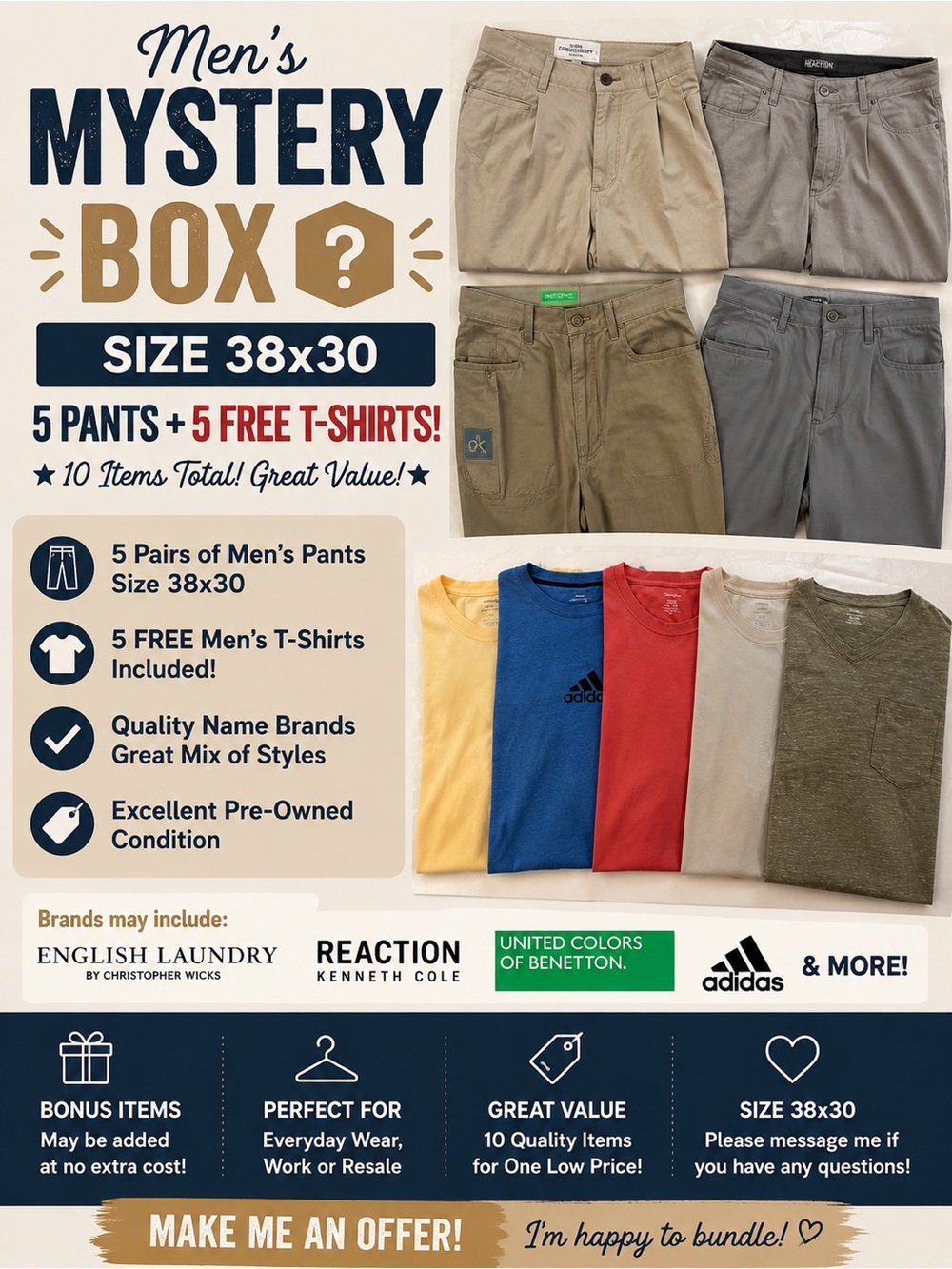 Men's Mystery Box Pants Bundle - Assorted Khaki & Gray (Size 38x30)